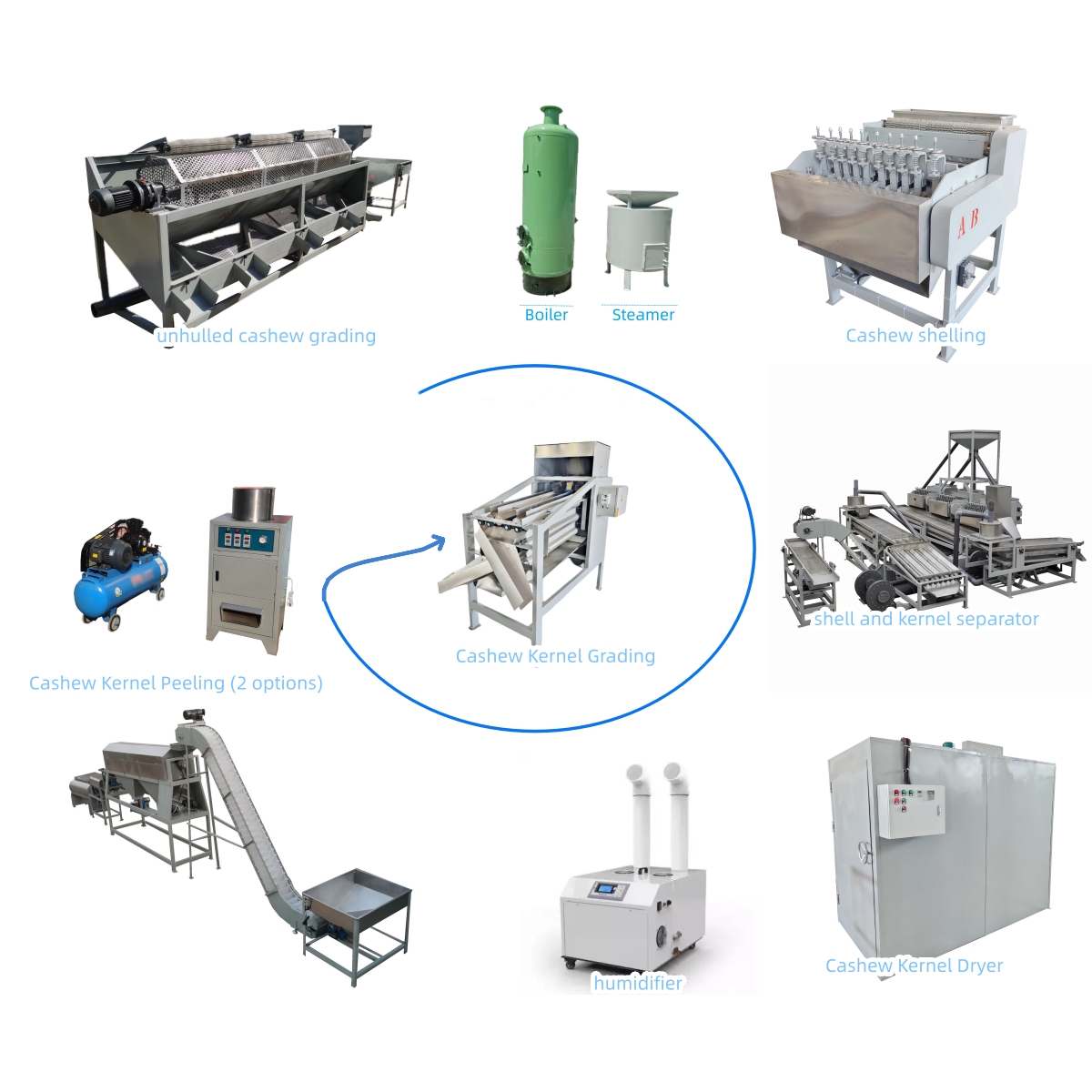 腰果生产线相关产品图 l&iacute;nea de procesamiento de anacardos